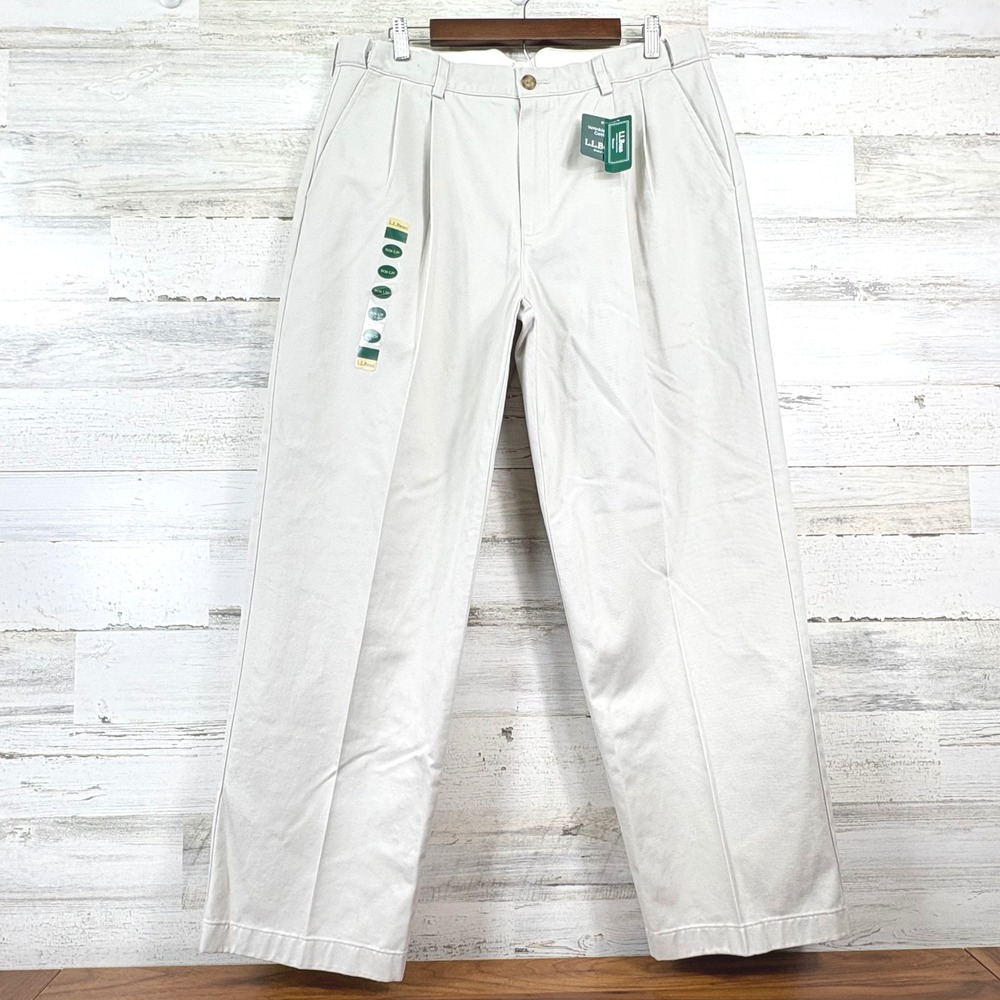 L.L.‎ Bean Pleated Chino Pants Mens 36x29 Khaki New Wrinkle Free Comfort Waist